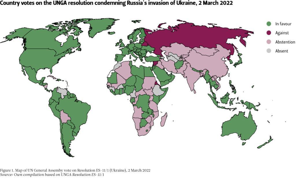 A map of country votes on the UN General Assembly resolution condemning Russia's invasion of Ukraine, 2 March 2022
