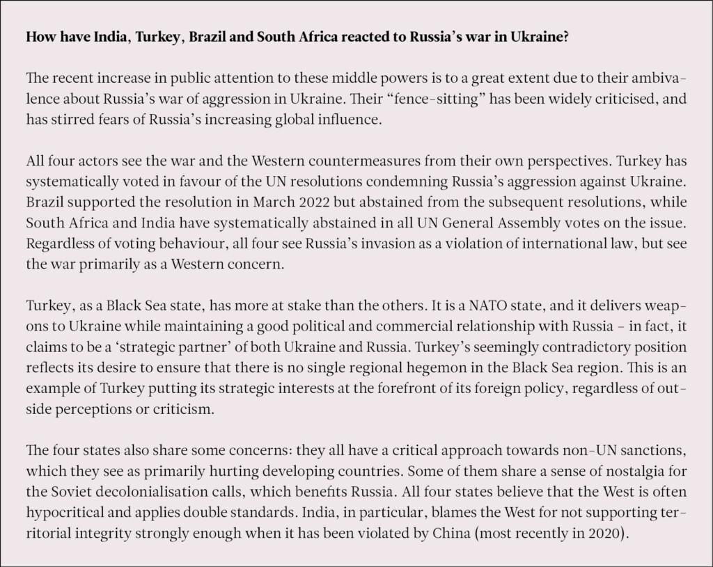 A text box on how India, Turkey, Brazil and South Africa have reacted to Russia's war in Ukraine. 
